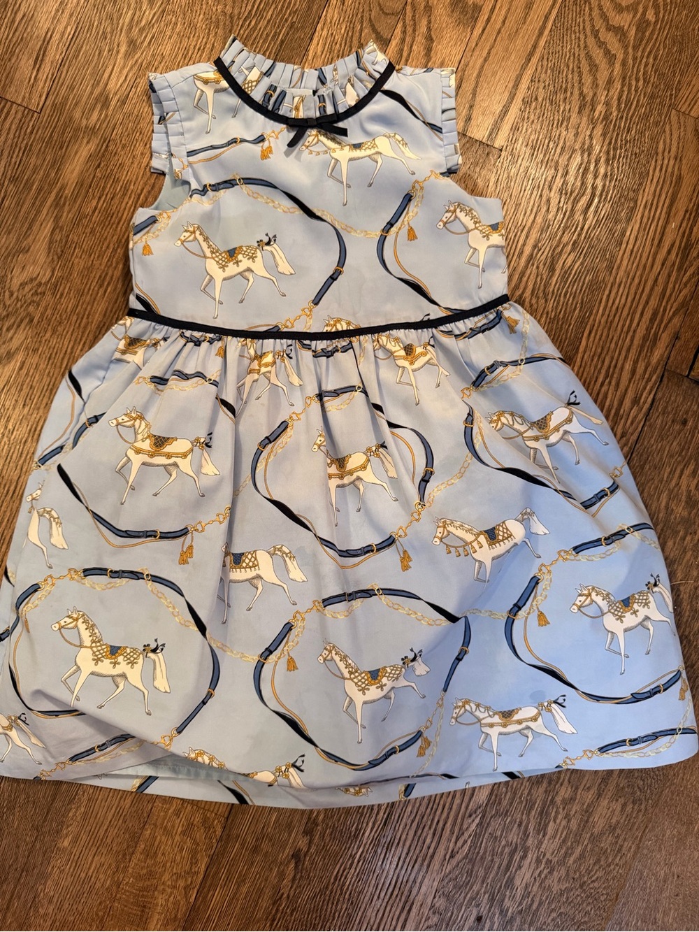 Janie and Jack Light Blue Horse Print Ruffle Neck Dress